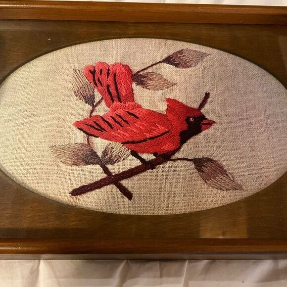 Vintage Cardinal Glass Topped Wood Needlepoint Tray with Handles by Three Mounta - Picture 8 of 11